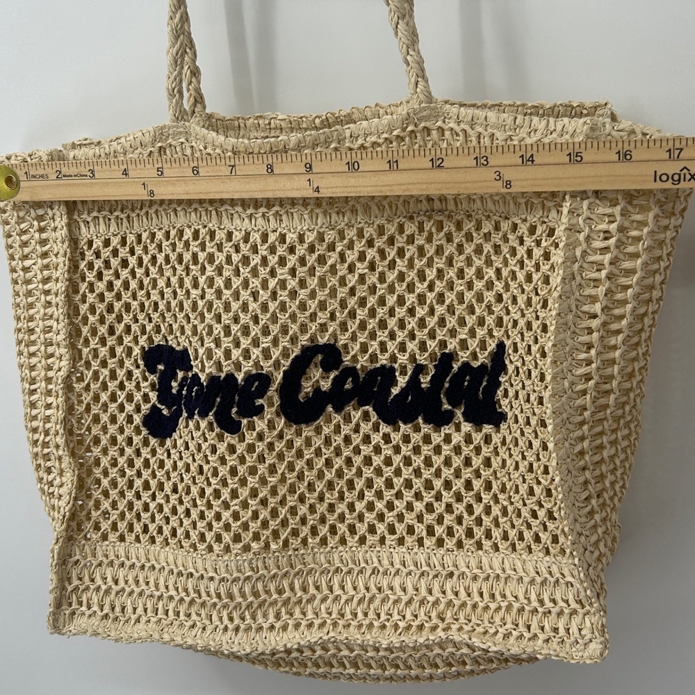 Gone Coastal Beige Woven Straw Crochet Tote Beach Bag Braided Straps - Picture 5 of 9